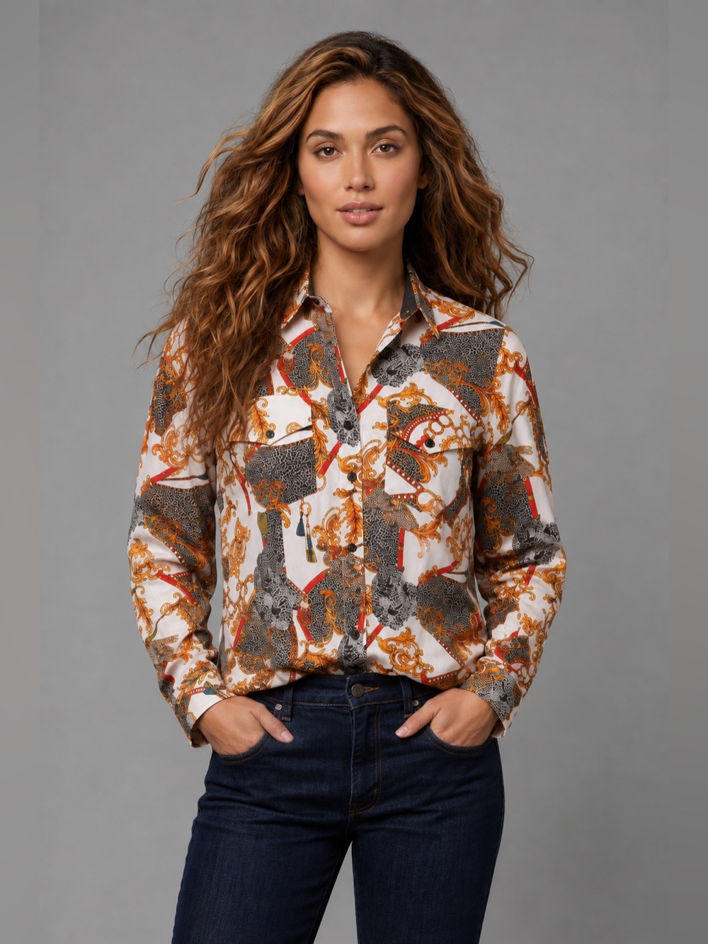 Ace of Diamond Blouse Statement Leopard Chain Equestrian Button-Up Size XS